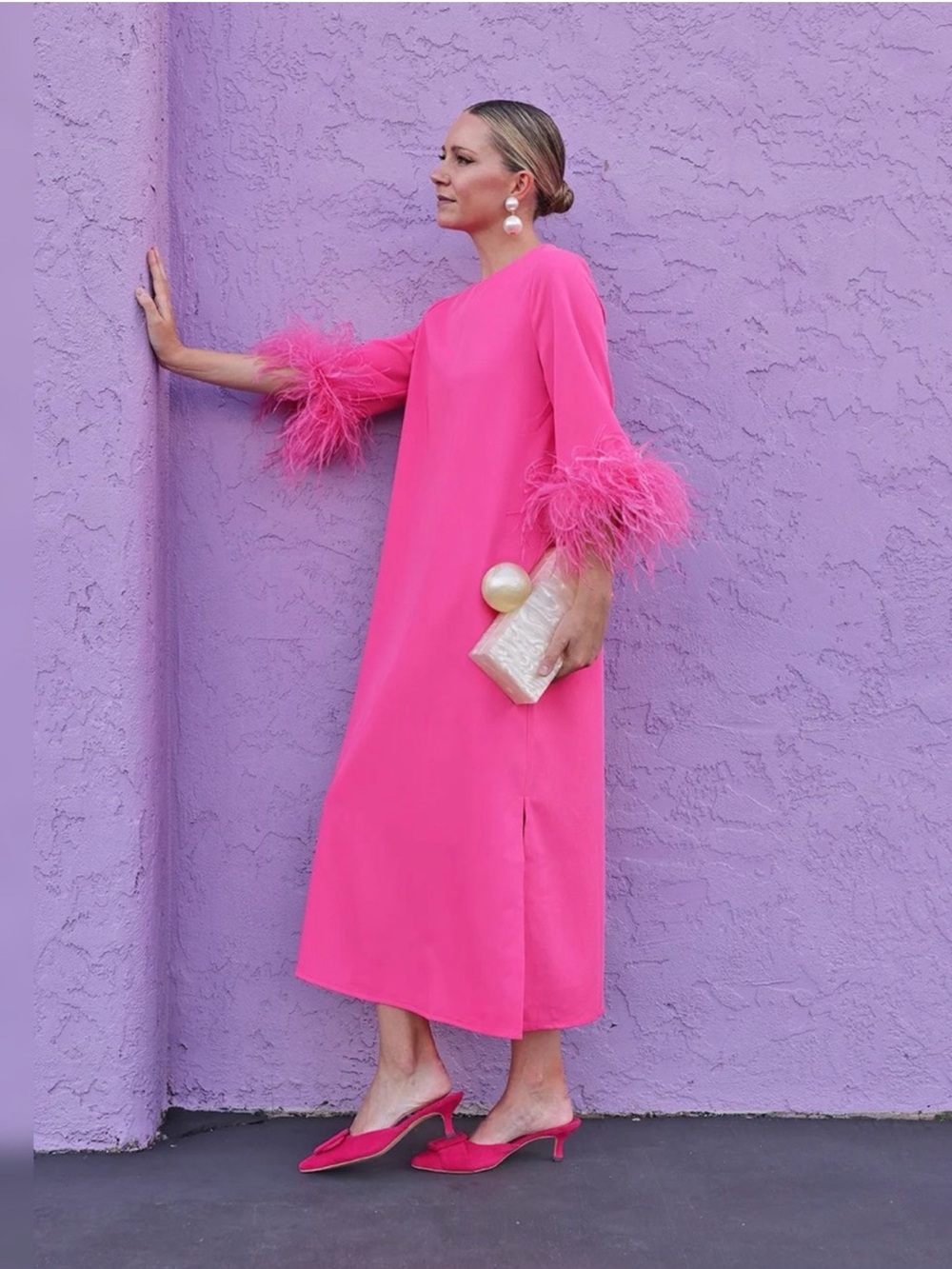 Tuckernuck Dress Jamie Midi Feather Sleeve in Hot Pink